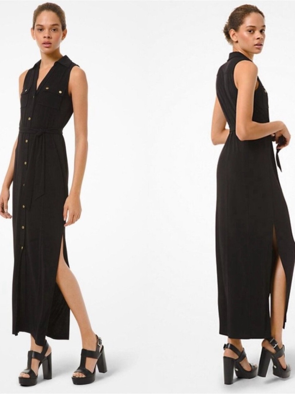 Michael Kors Black Sleeveless Shirt Maxi Dress with Tie Waist